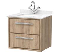 Longnor 2 Drawer Wall Hung Vanity Unit with Square Basin and Marble Worktop, Light Oak, 600mm