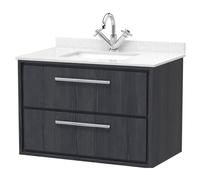Longnor 2 Drawer Wall Hung Vanity Unit with Square Basin and Marble Worktop, Woodgrain Graphite Grey, 800mm