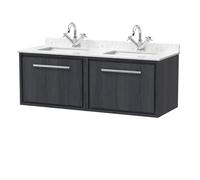 Longnor 2 Drawer Wall Hung Vanity Unit with Square Basin and Marble Worktop, Woodgrain Graphite Grey, 1200mm