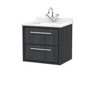 Longnor 2 Drawer Wall Hung Vanity Unit with Square Basin and Marble Worktop, Woodgrain Graphite Grey, 600mm