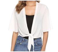 Longra Women Bolero Shrugs Lightweight Summer Chiffon Kimono Cropped Cardigan Open Front Sheer Short Sleeve Cropped Cardigans for Evening Wedding Dress Elegant Beach Cover Up for Women UK White