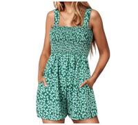 Longra Womens Summer Jumpsuit Floral Print Sleeveless Rompers Square Neck Casual Outfits Pockets Loose Wide Leg Shorts Overall Playsuit Jumpsuits T Shirt Vacation Outfits for Women UK (Dark Green, L)
