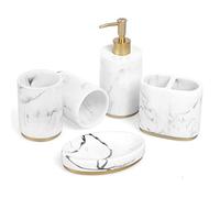 longsheng Bathroom Accessories Set, 5 Piece Resin Bathroom Sink Set, Toothbrush Holder, Liquid Soap Dispenser, Soap Dish, 2 Tumblers (Ink White with Gold)