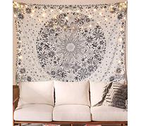 longsheng Bohemian Tapestry Wall Hanging, Beige White Floral Tapestry with Dotted Daisy Medallion Print Bedroom Boho Hippie Home Decor, 50×60 inches