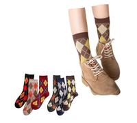 LONGSILVER Argyle Socks Retro Big Diamond Lattice High Ankle Women Cotton 6 Pairs Double-Needle Double-Layer Crew Sock, 6pcs, M