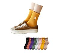 LONGSILVER Daisy Socks Women Ruffle Cotton Sock 8 Pairs Cute Preppy Fancy Crew Socks Pinstripes High Ankle Knit Floral, Colorful Daisy-8pcs, M