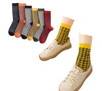 LONGSILVER Houndstooth Socks Retro High Ankle Women 6 Pairs Cotton Double-Needle Double-Layer Contrast Color Design, Houndstooth_6pcs, Medium