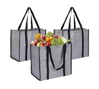 LONGTEAM 3 Pack Large Reusable Foldable Shopping Bag, Fold Away Washable and Lightweight Shopper Bag with Reinforced Handles (Gray, 3 Packs)