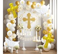 Longwu First Communion Decorations,105pcs God Bless White Gold Baptism Balloons Garland Arch Kit with Cross Dove Balloons for Baby Shower Boys Girls Christening Baptism Party Supplies