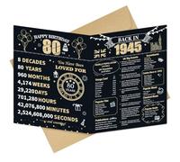 Longwu Large 80th Birthday Card With Envelope for Men Women, 1945 Black Gold Happy 80th Birthday Gifts Giant Guest Signature Book for Women Men, Vintage 80th Greeting Card Decoration Party Supplies