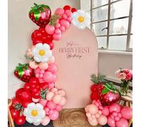 Longwu Strawberry Balloon Garland Arch Kit 125pcs Red and Pink Balloons with Strawberry and Daisy Mylar Balloon for Girl Baby Shower Berry First 1st Birthday Decor Sweet Theme Birthday Decorations