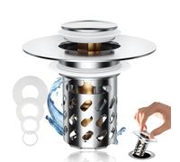 LONGYIFA 3-in-1 Pop Up Sink Plug with Detachable Filter Basket, Universal Bathroom & Basin Plug Replacement for 28-45mm Drain Holes, Brass Core & Stainless Steel Strainer, Tool-Free Installation, Fits