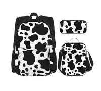 LONGZEHAO 3Pcs Versatile Adjustable Large Capacity Black And White Cow Print Backpack Lunch Box and Pencil Case