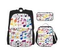 LONGZEHAO 3Pcs Versatile Adjustable Large Capacity Colorful Music Notes Print Backpack Lunch Box and Pencil Case