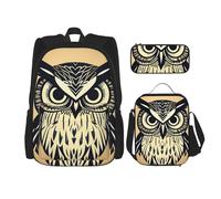 LONGZEHAO 3Pcs Versatile Adjustable Large Capacity Cute Owl Print Backpack Lunch Box and Pencil Case
