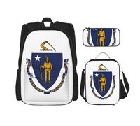 LONGZEHAO 3Pcs Versatile Adjustable Large Capacity Massachusetts State Flag Print Backpack Lunch Box and Pencil Case, Black, One Size, Travel Backpacks, Black, One Size