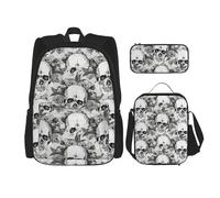 LONGZEHAO 3Pcs Versatile Adjustable Large Capacity Skull Skeleton Print Backpack Lunch Box and Pencil Case