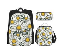 LONGZEHAO 3Pcs Versatile Adjustable Large Capacity White daisy Print Backpack Lunch Box and Pencil Case