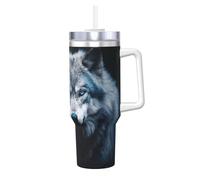 Longzehao 40 OZ Blue Eyes Wolf1 Print Ice Bully Cup with Handle Straw Lid Straw,Stainless Steel Tumbler Coffee Cup