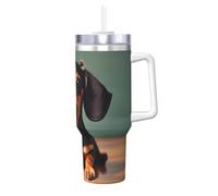 Longzehao 40 OZ Cute Dachshund Duggee Print Ice Bully Cup with Handle Straw Lid Straw,Stainless Steel Tumbler Coffee Cup