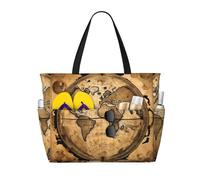 Longzehao Ancient Map World Globe Print Large Beach Bag Women Waterproofes Foldable Zipper Totes Bag for Travel Vacation