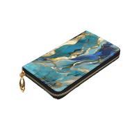 Longzehao Azurite Teal and Foil Gold Oil Marble Pattern Print Premium Leather Zip Around Wallet for Men and Women Checkbook Cover RFID Blocking