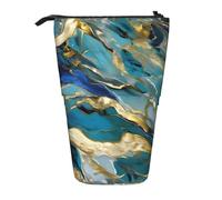 Longzehao Azurite Teal and Foil Gold Oil Marble Pattern Print Telescopic Pencil Bag Pen Holder Pop Up Storage Bag, Standing Portable Pen Case, Black, One Size, Black, One size