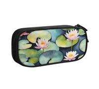 LONGZEHAO Big Capacity Black Lily Pads Print Pencil Case,Double layer zipper Pencil box Makeup Pouch Organizer