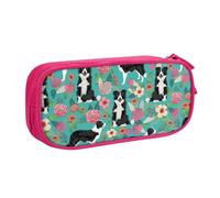 LONGZEHAO Big Capacity Border Collie Florals Print Pencil Case,Double layer zipper Pencil box Makeup Pouch Organizer