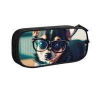 LONGZEHAO Big Capacity Chihuahua Dog Glasses Print Pencil Case,Double layer zipper Pencil box Makeup Pouch Organizer