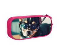LONGZEHAO Big Capacity Chihuahua Dog Glasses Print Pencil Case,Double layer zipper Pencil box Makeup Pouch Organizer