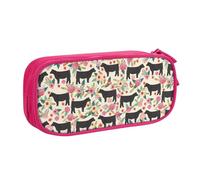 LONGZEHAO Big Capacity Pink Flower Show Steer Cows Cattle Print Pencil Case,Double layer zipper Pencil box Makeup Pouch Organizer