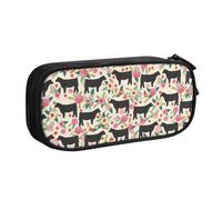LONGZEHAO Big Capacity Pink Flower Show Steer Cows Cattle Print Pencil Case,Double layer zipper Pencil box Makeup Pouch Organizer