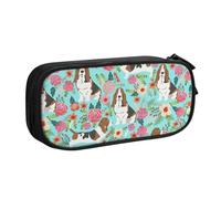 LONGZEHAO Big Capacity Sweet Basset Hound Florals Print Pencil Case,Double layer zipper Pencil box Makeup Pouch Organizer