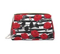 Longzehao Black White Stripes Red Rose Flowers Print Leather zipper makeup bag Cosmetic Pouch Travel Organizer Toiletry Clutch, White, One Size