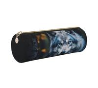 Longzehao Blue Eyes Wolf1 Print Leather Pen Pouch Storage case Makeup Bag Office Stationerys Markers Case.