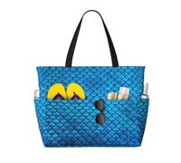 Longzehao blue fish scale Print Large Beach Bag for Women Waterproofes Sandproof Beach Tote Bags Foldable Pool Bag