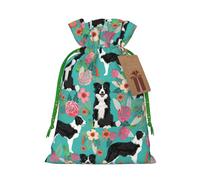 Longzehao Border Collie Florals Print Christmas Drawstring Gift Bags,Gift Wrapping Bag for Xmas Holiday Birthday Party