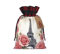 Longzehao Eiffel Tower Rose Flower Print Christmas Drawstring Linen Gift Bag, Christmas Wrapping Bags, Xmas Goodie Bags