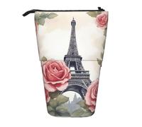 Longzehao Eiffel Tower Rose Flower Print Telescopic Pencil Bag Pen Holder Pop Up Storage Case,Standing Portable pen Case, Black, One Size