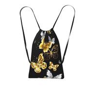 Longzehao Gold White Butterflies Black Print Drawstring Backpack,String Backpack Storage bag for Gym Traveling Sport Beach Swim