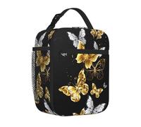 Longzehao Gold White Butterflies Black Print Lunch bag for Men Women Durable Reusable Adults Lunch Box for Work Picnic Travel