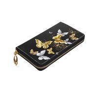 Longzehao Gold White Butterflies Black Print Premium Leather Zip Around Wallet for Men and Women Checkbook Cover RFID Blocking