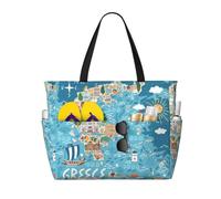 Longzehao Greece Map Print Large Beach Bag for Women Waterproofes Sandproof Beach Tote Bags Foldable Pool Bag