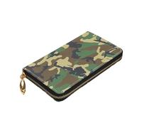 Longzehao Green Military Camo Print Premium Leather Zip Around Wallet for Men and Women Checkbook Cover RFID Blocking
