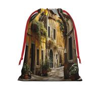 Longzehao Italian Old Street Print Drawstring Gift Bags For Christmas,Holiday Gift Wrapping Bag Assorted Sizes
