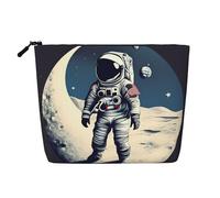 Longzehao Large Capacity Astronaut on the Moon Print Fake Hemp, Makeup Bag, Travel Bag, Toiletry Bag with Zipper., Black, One Size, Black, One Size, Black, One size