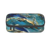 Longzehao Large capacity compartment Azurite Teal and Foil Gold Oil Marble Pattern Print pencil case Storage bag for office supplies, Black, One Size, Art Deco