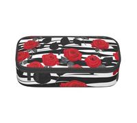 Longzehao Large capacity compartment Black White Stripes Red Rose Flowers Print pencil case Storage bag for office supplies, Black, One Size, Art Deco