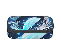 Longzehao Large capacity compartment Deep Blue Animal Whale Print pencil case Storage bag for office supplies, Black, One Size, Art Deco